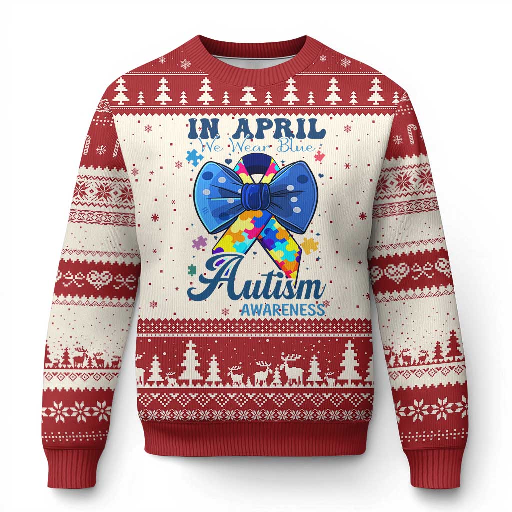 Autism Awareness Ugly Christmas Sweater In April We Wear Blue Puzzle Ribbon Coquette Bow - Wonder Print Shop