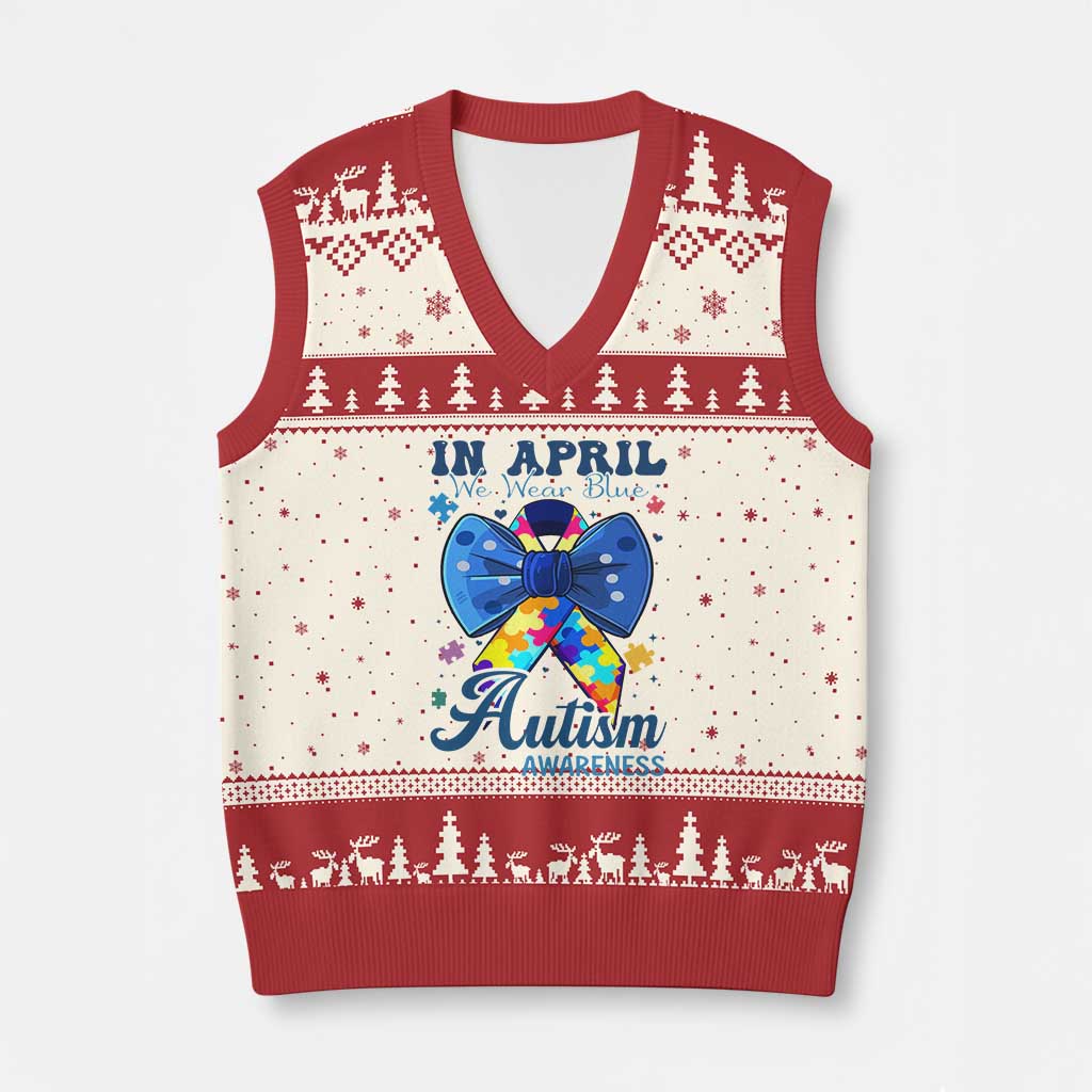 Autism Awareness V-Neck Knit Sweater Vest In April We Wear Blue Puzzle Ribbon Coquette Bow - Wonder Print Shop