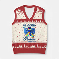 Autism Awareness V-Neck Knit Sweater Vest In April We Wear Blue Puzzle Ribbon Coquette Bow - Wonder Print Shop