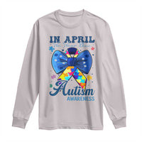 Autism Awareness Long Sleeve Shirt In April We Wear Blue Puzzle Ribbon Coquette Bow