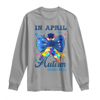 Autism Awareness Long Sleeve Shirt In April We Wear Blue Puzzle Ribbon Coquette Bow
