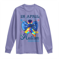 Autism Awareness Long Sleeve Shirt In April We Wear Blue Puzzle Ribbon Coquette Bow