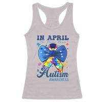 Autism Awareness Racerback Tank Top In April We Wear Blue Puzzle Ribbon Coquette Bow
