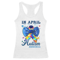 Autism Awareness Racerback Tank Top In April We Wear Blue Puzzle Ribbon Coquette Bow