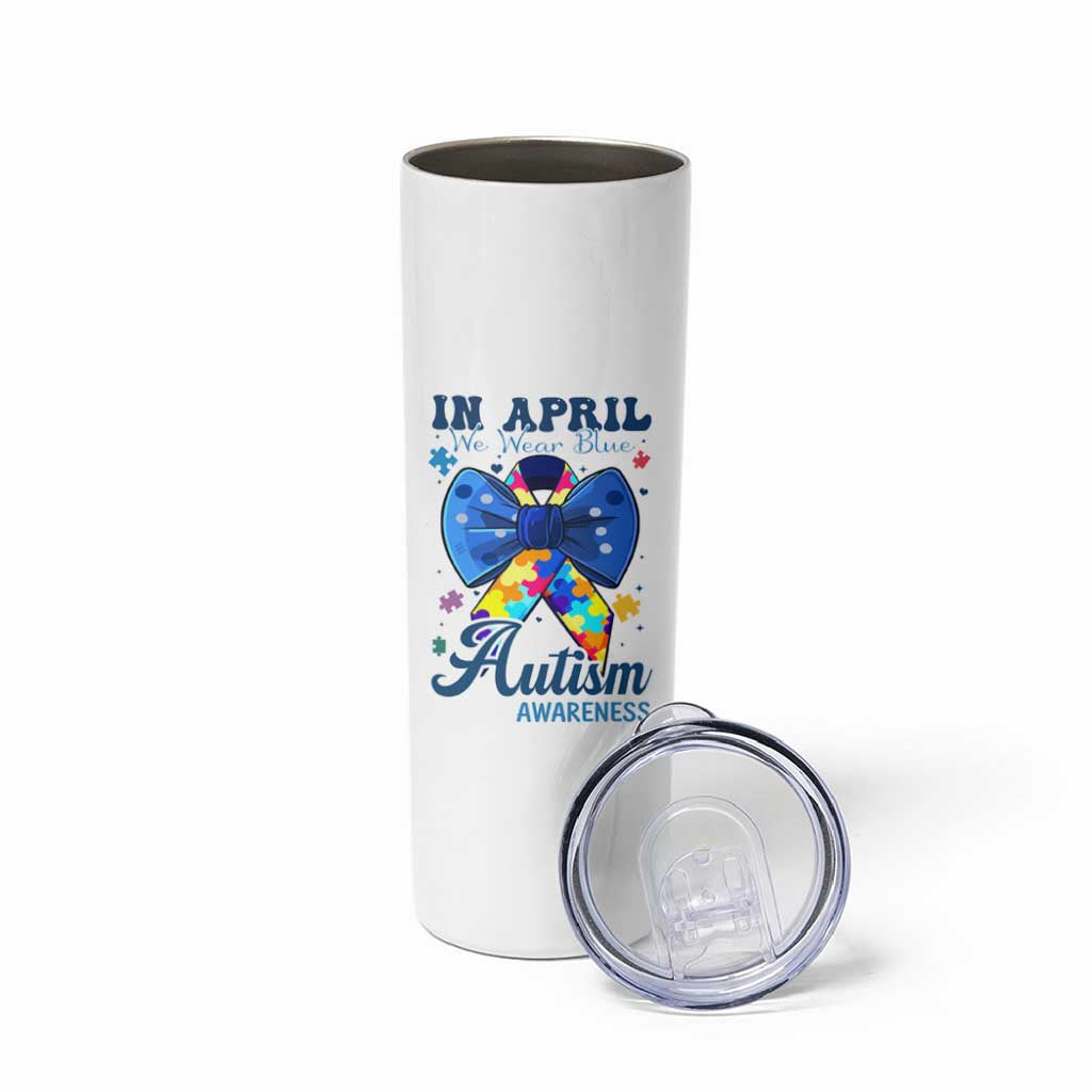 Autism Awareness Skinny Tumbler In April We Wear Blue Puzzle Ribbon Coquette Bow