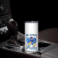 Autism Awareness Skinny Tumbler In April We Wear Blue Puzzle Ribbon Coquette Bow