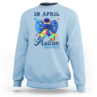 Autism Awareness Sweatshirt In April We Wear Blue Puzzle Ribbon Coquette Bow