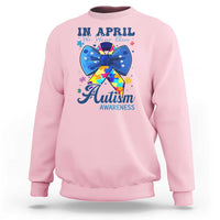 Autism Awareness Sweatshirt In April We Wear Blue Puzzle Ribbon Coquette Bow