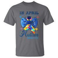 Autism Awareness T Shirt In April We Wear Blue Puzzle Ribbon Coquette Bow