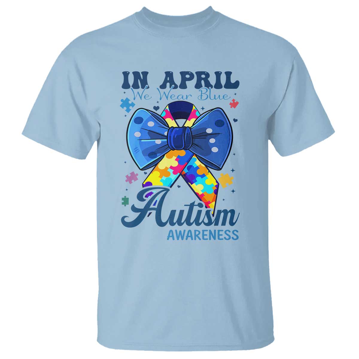 Autism Awareness T Shirt In April We Wear Blue Puzzle Ribbon Coquette Bow