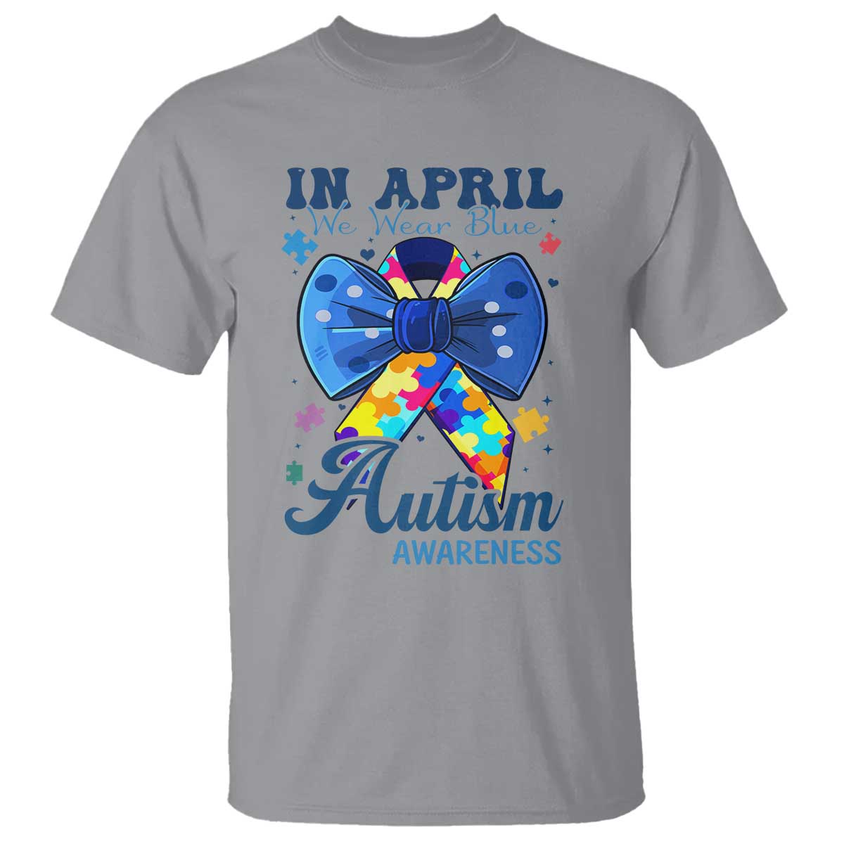 Autism Awareness T Shirt In April We Wear Blue Puzzle Ribbon Coquette Bow
