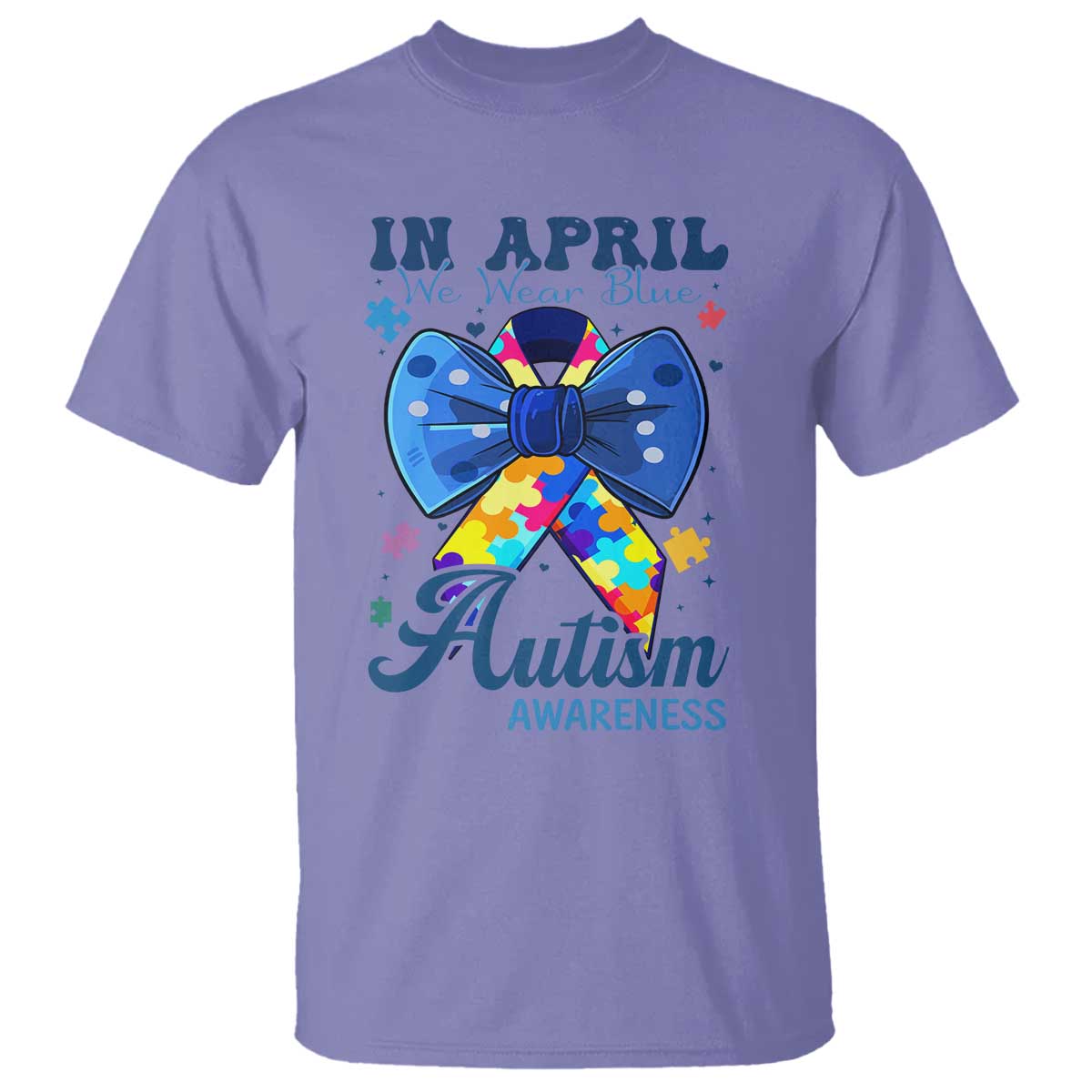 Autism Awareness T Shirt In April We Wear Blue Puzzle Ribbon Coquette Bow