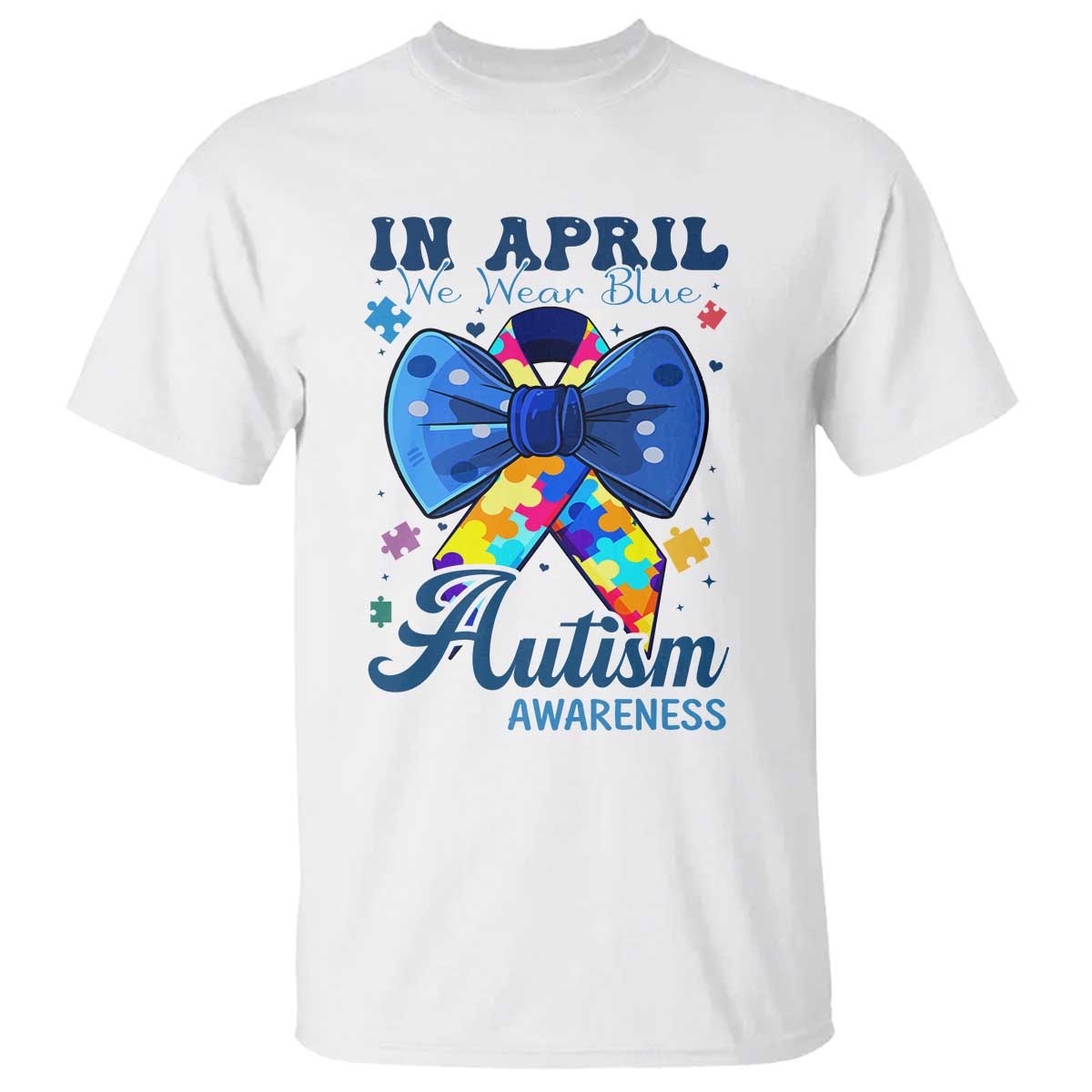 Autism Awareness T Shirt In April We Wear Blue Puzzle Ribbon Coquette Bow