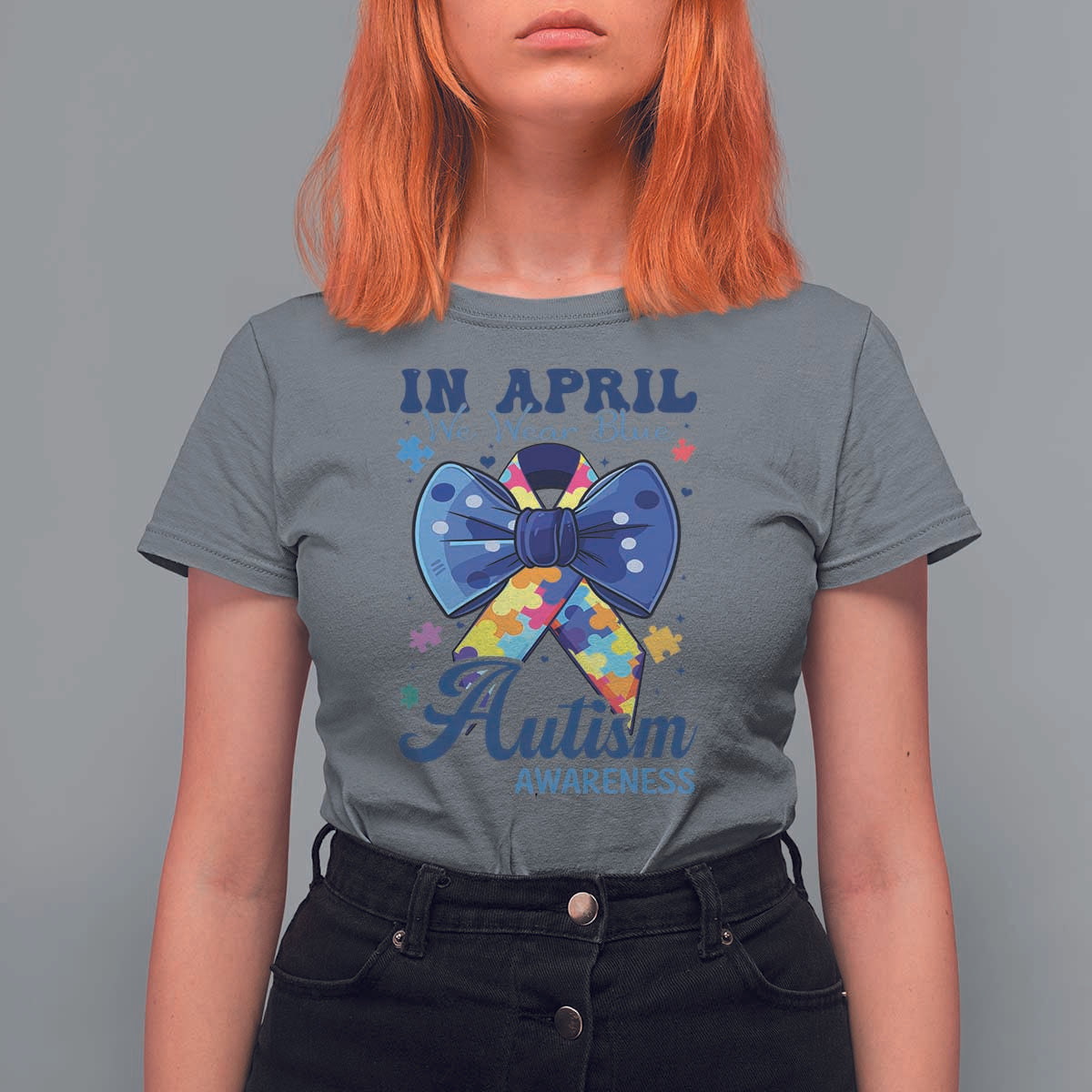 Autism Awareness T Shirt For Women In April We Wear Blue Puzzle Ribbon Coquette Bow