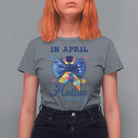 Autism Awareness T Shirt For Women In April We Wear Blue Puzzle Ribbon Coquette Bow