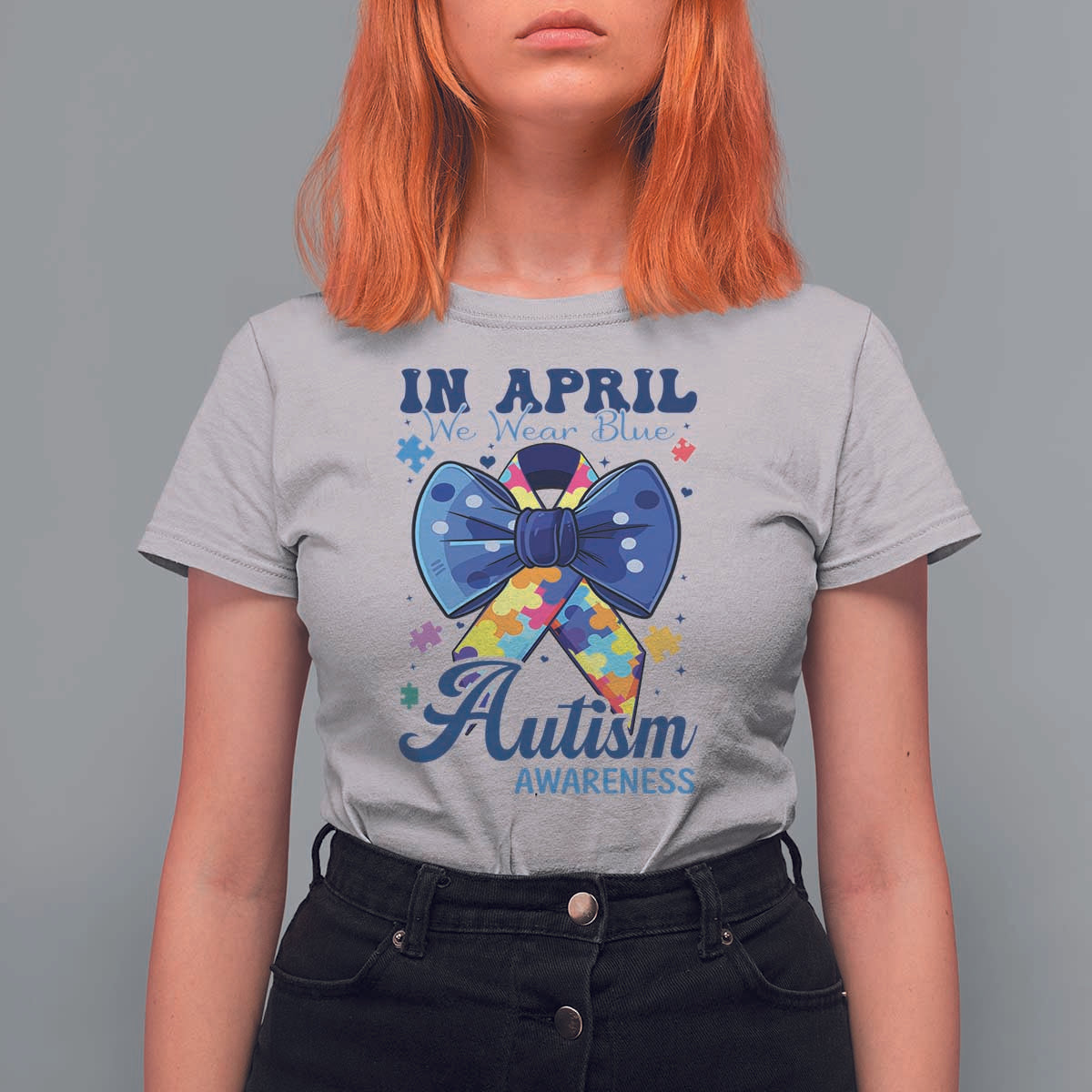 Autism Awareness T Shirt For Women In April We Wear Blue Puzzle Ribbon Coquette Bow