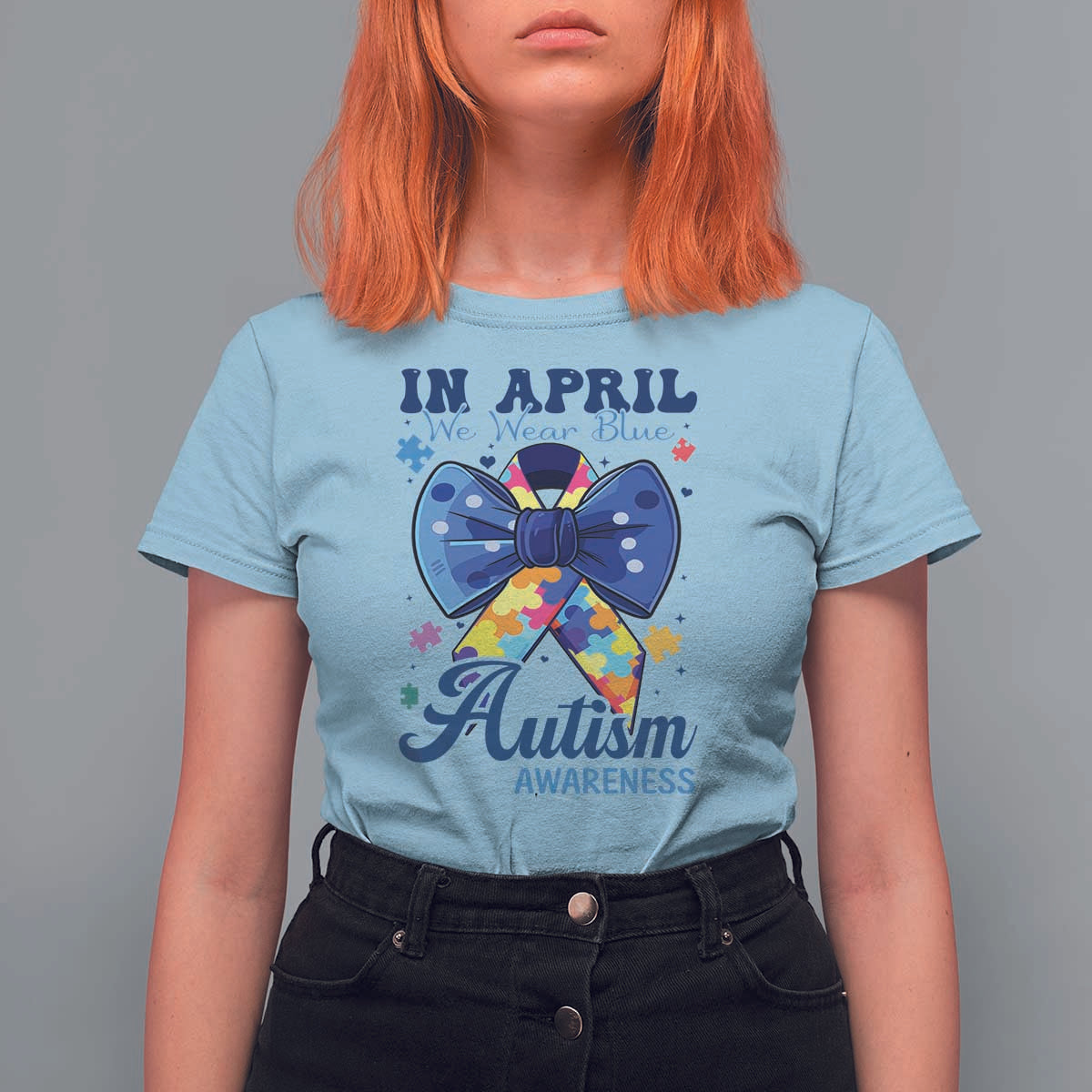 Autism Awareness T Shirt For Women In April We Wear Blue Puzzle Ribbon Coquette Bow