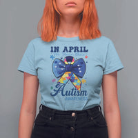 Autism Awareness T Shirt For Women In April We Wear Blue Puzzle Ribbon Coquette Bow