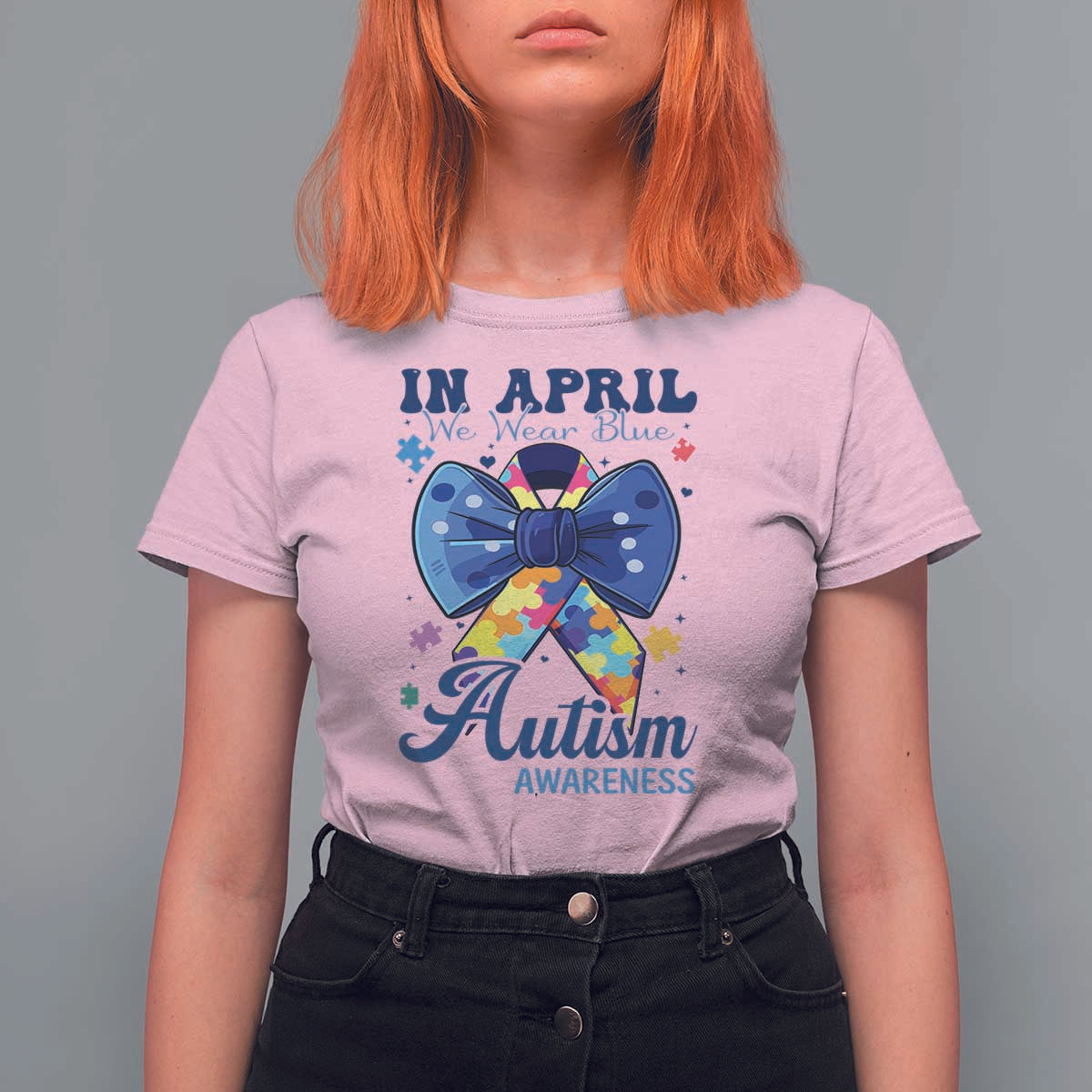 Autism Awareness T Shirt For Women In April We Wear Blue Puzzle Ribbon Coquette Bow