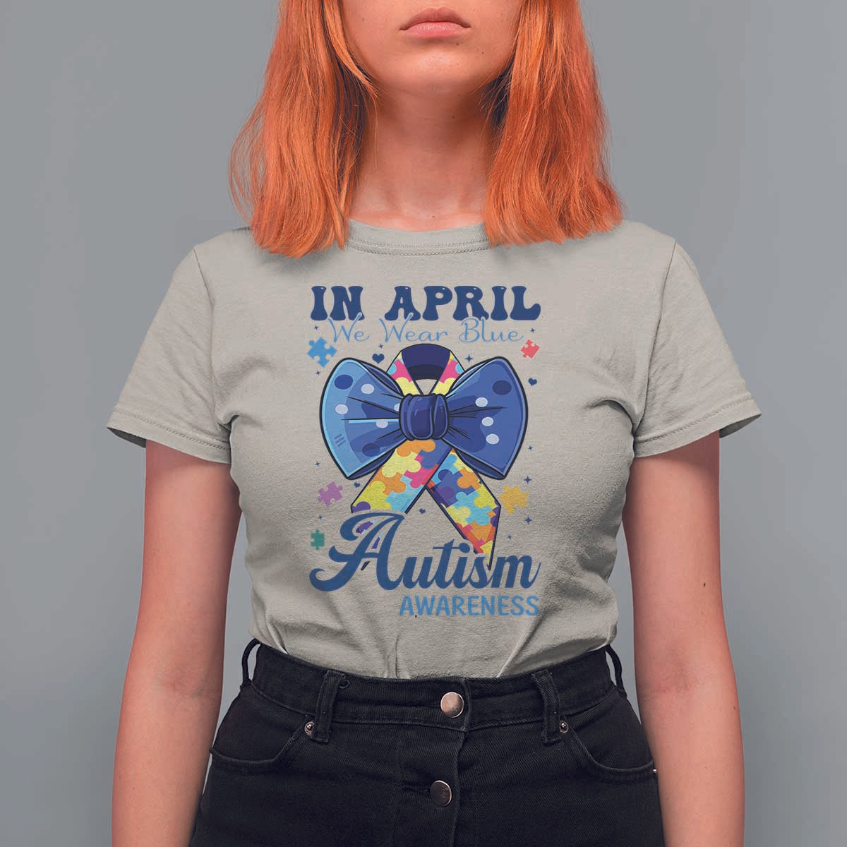 Autism Awareness T Shirt For Women In April We Wear Blue Puzzle Ribbon Coquette Bow