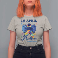 Autism Awareness T Shirt For Women In April We Wear Blue Puzzle Ribbon Coquette Bow