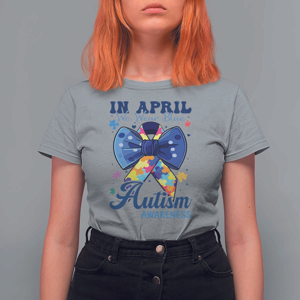 Autism Awareness T Shirt For Women In April We Wear Blue Puzzle Ribbon Coquette Bow