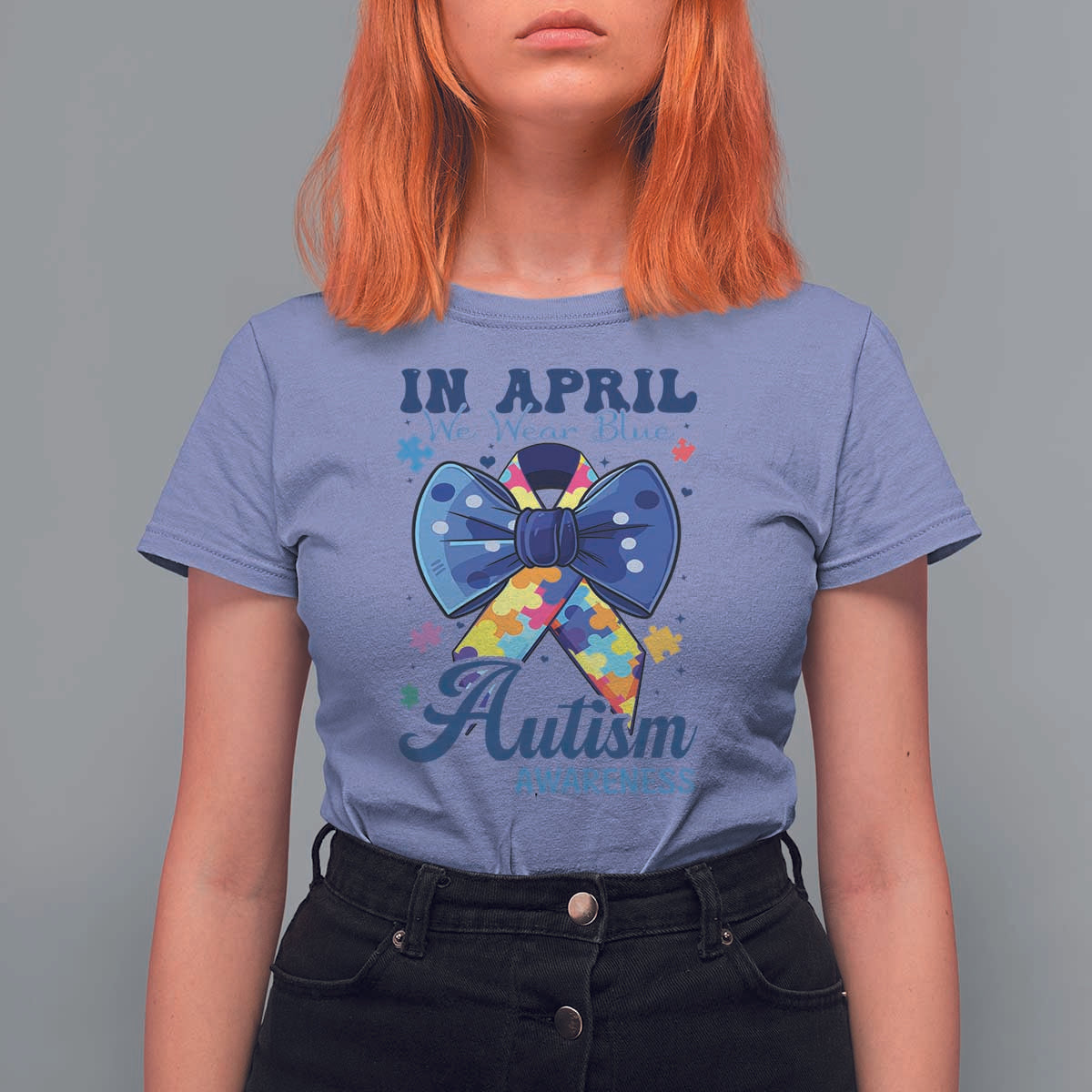 Autism Awareness T Shirt For Women In April We Wear Blue Puzzle Ribbon Coquette Bow