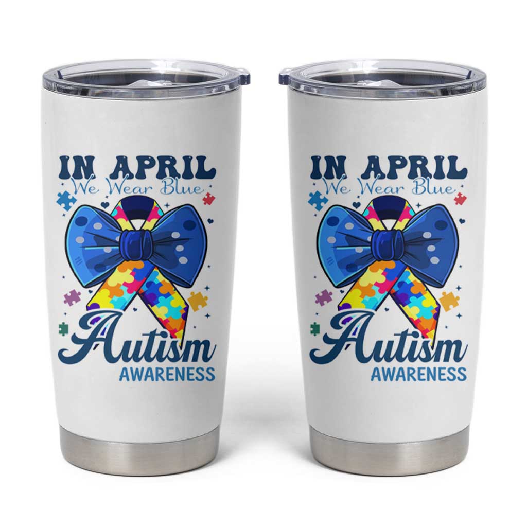 Autism Awareness Tumbler Cup In April We Wear Blue Puzzle Ribbon Coquette Bow
