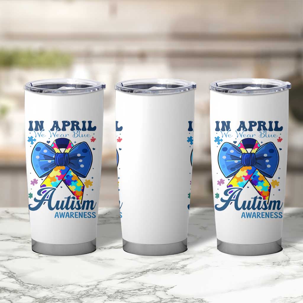 Autism Awareness Tumbler Cup In April We Wear Blue Puzzle Ribbon Coquette Bow