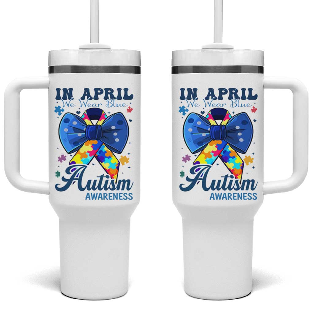 Autism Awareness Tumbler With Handle In April We Wear Blue Puzzle Ribbon Coquette Bow