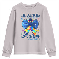 Autism Awareness Youth Sweatshirt In April We Wear Blue Puzzle Ribbon Coquette Bow