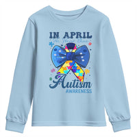 Autism Awareness Youth Sweatshirt In April We Wear Blue Puzzle Ribbon Coquette Bow