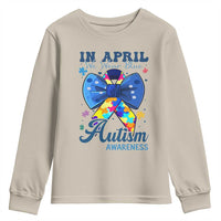 Autism Awareness Youth Sweatshirt In April We Wear Blue Puzzle Ribbon Coquette Bow