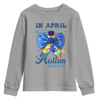 Autism Awareness Youth Sweatshirt In April We Wear Blue Puzzle Ribbon Coquette Bow