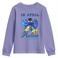 Autism Awareness Youth Sweatshirt In April We Wear Blue Puzzle Ribbon Coquette Bow