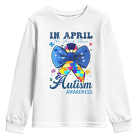 Autism Awareness Youth Sweatshirt In April We Wear Blue Puzzle Ribbon Coquette Bow