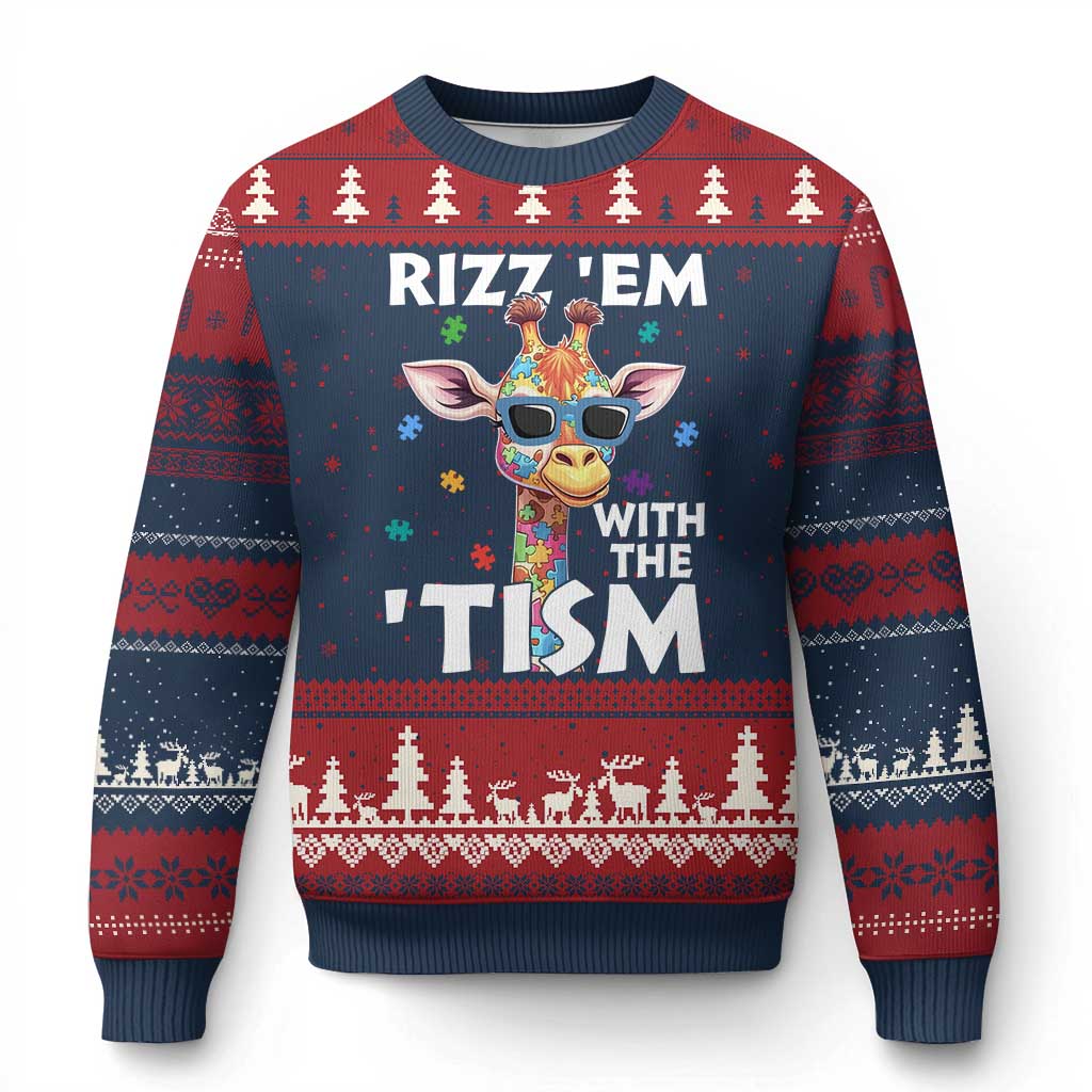 Funny Autism Giraffe Ugly Christmas Sweater Rizz Em With The Tism - Wonder Print Shop