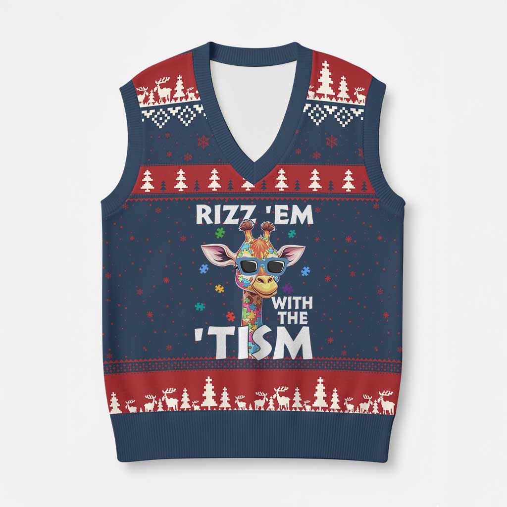 Funny Autism Giraffe V-Neck Knit Sweater Vest Rizz Em With The Tism - Wonder Print Shop