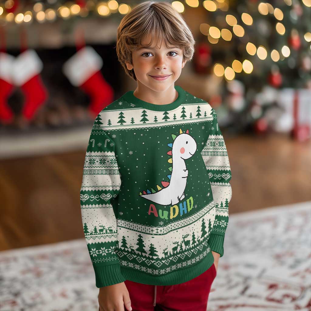 Cute Dinosaur AuDHD Ugly Christmas Sweater ADHD Awareness - Wonder Print Shop