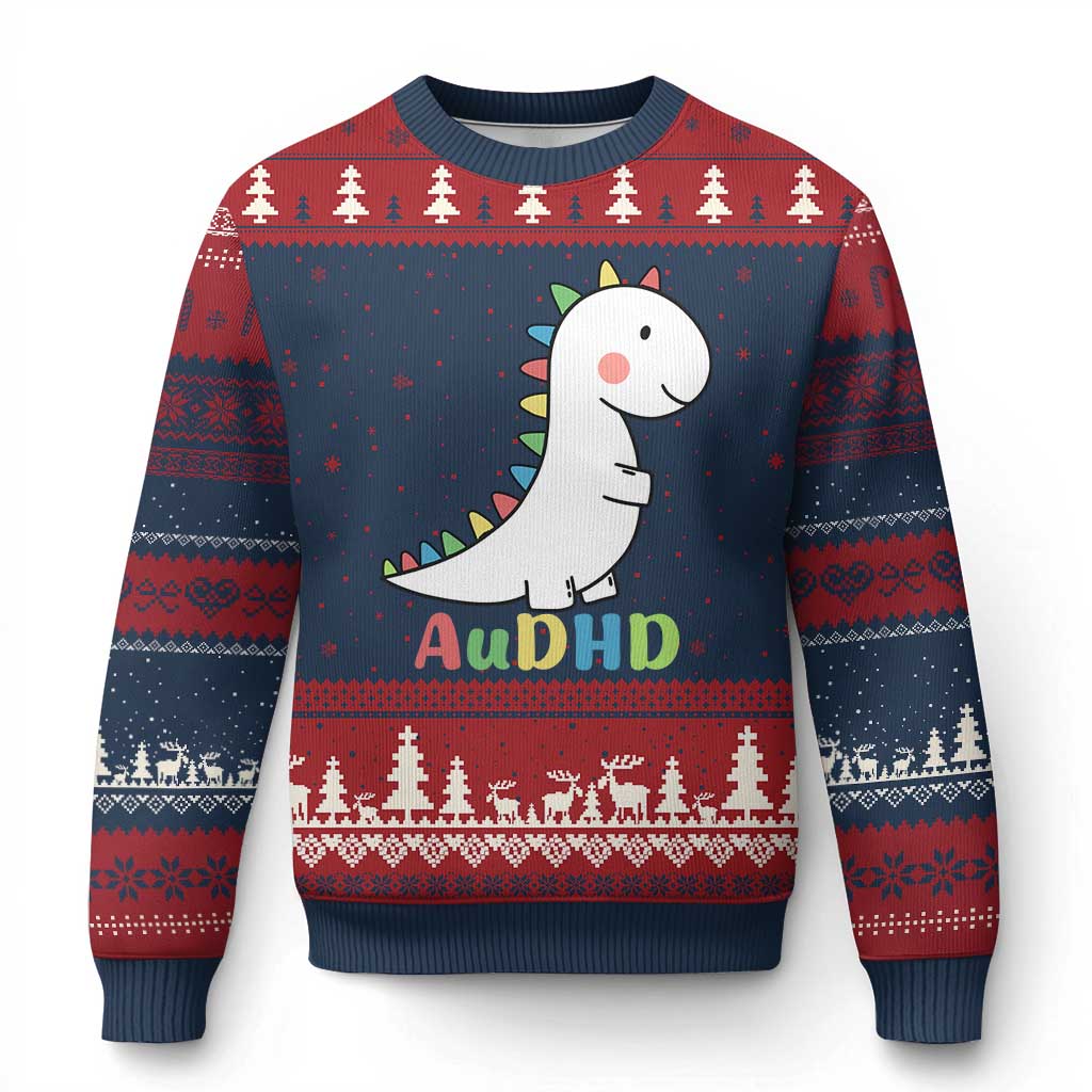 Cute Dinosaur AuDHD Ugly Christmas Sweater ADHD Awareness - Wonder Print Shop