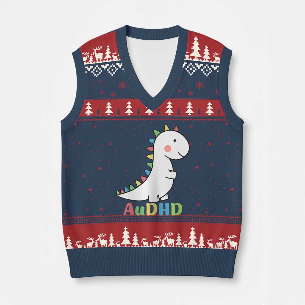 Cute Dinosaur AuDHD V-Neck Knit Sweater Vest ADHD Awareness - Wonder Print Shop