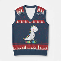 Cute Dinosaur AuDHD V-Neck Knit Sweater Vest ADHD Awareness - Wonder Print Shop