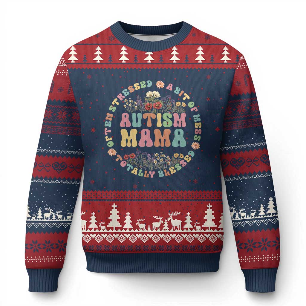 Autism Mama Ugly Christmas Sweater Totally Blessed Often Stressed A Bit Of A Mess - Wonder Print Shop