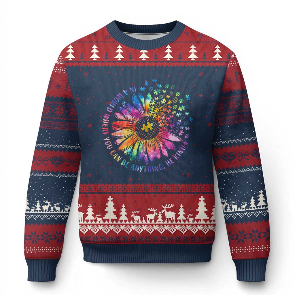 Be Kind Autism Awareness Ugly Christmas Sweater Kindness Sunflower Tie Dye Puzzle - Wonder Print Shop