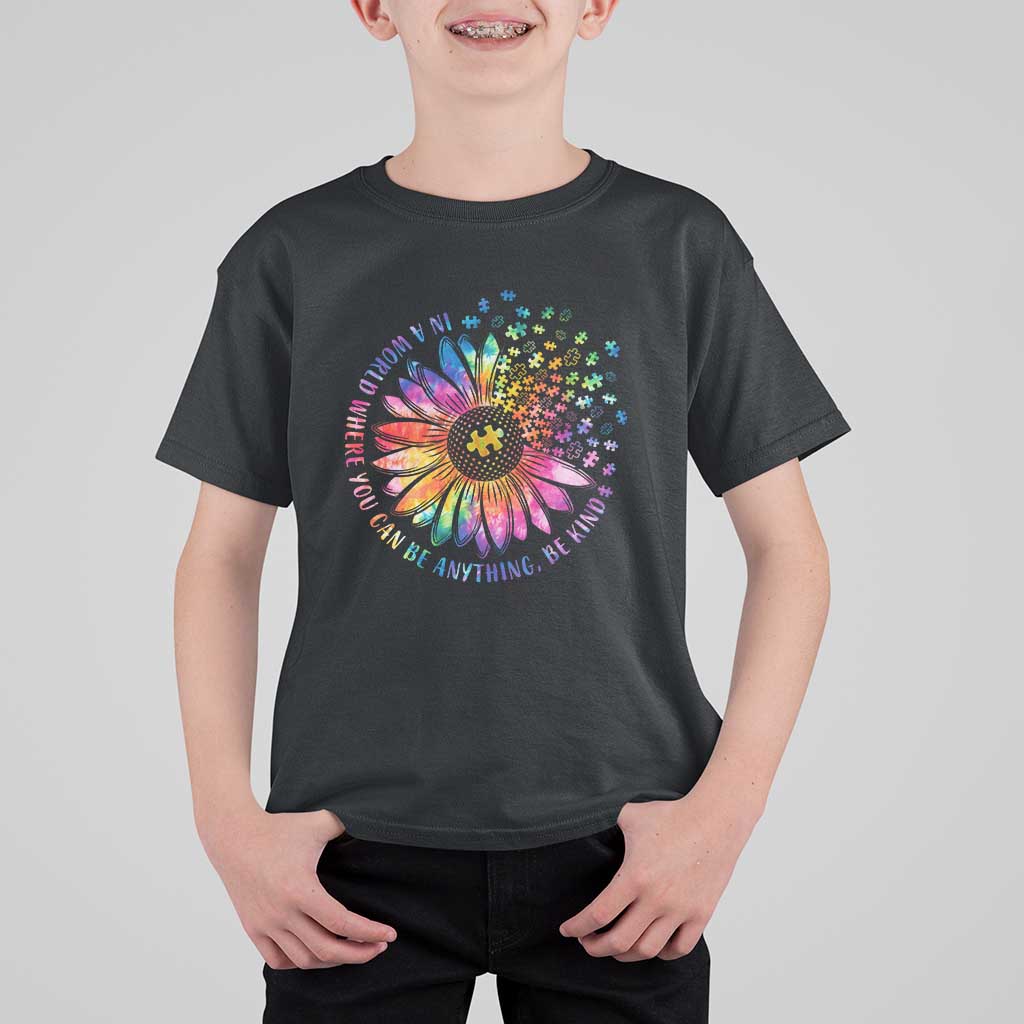 Be Kind Autism Awareness T Shirt For Kid Kindness Sunflower Tie Dye Puzzle