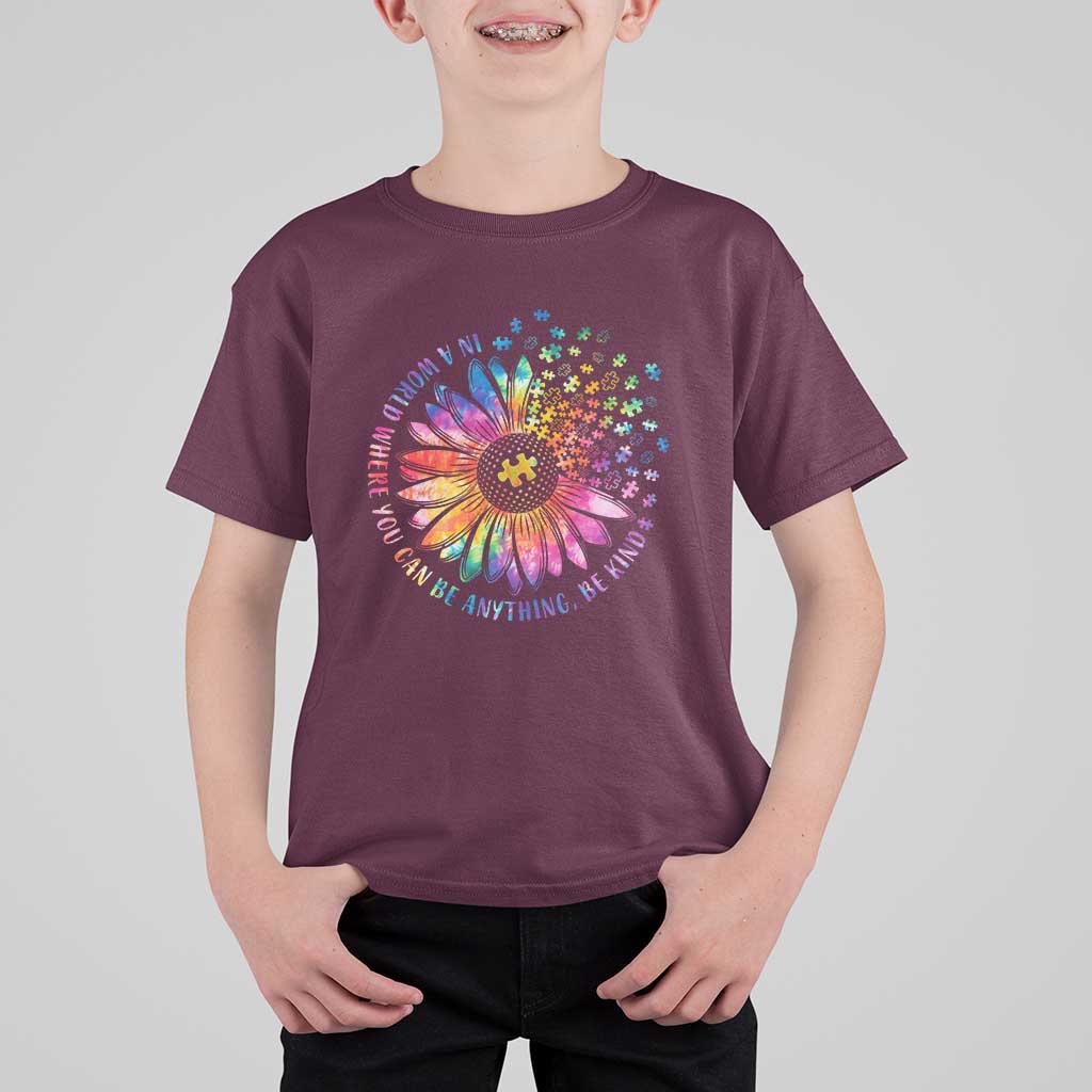 Be Kind Autism Awareness T Shirt For Kid Kindness Sunflower Tie Dye Puzzle