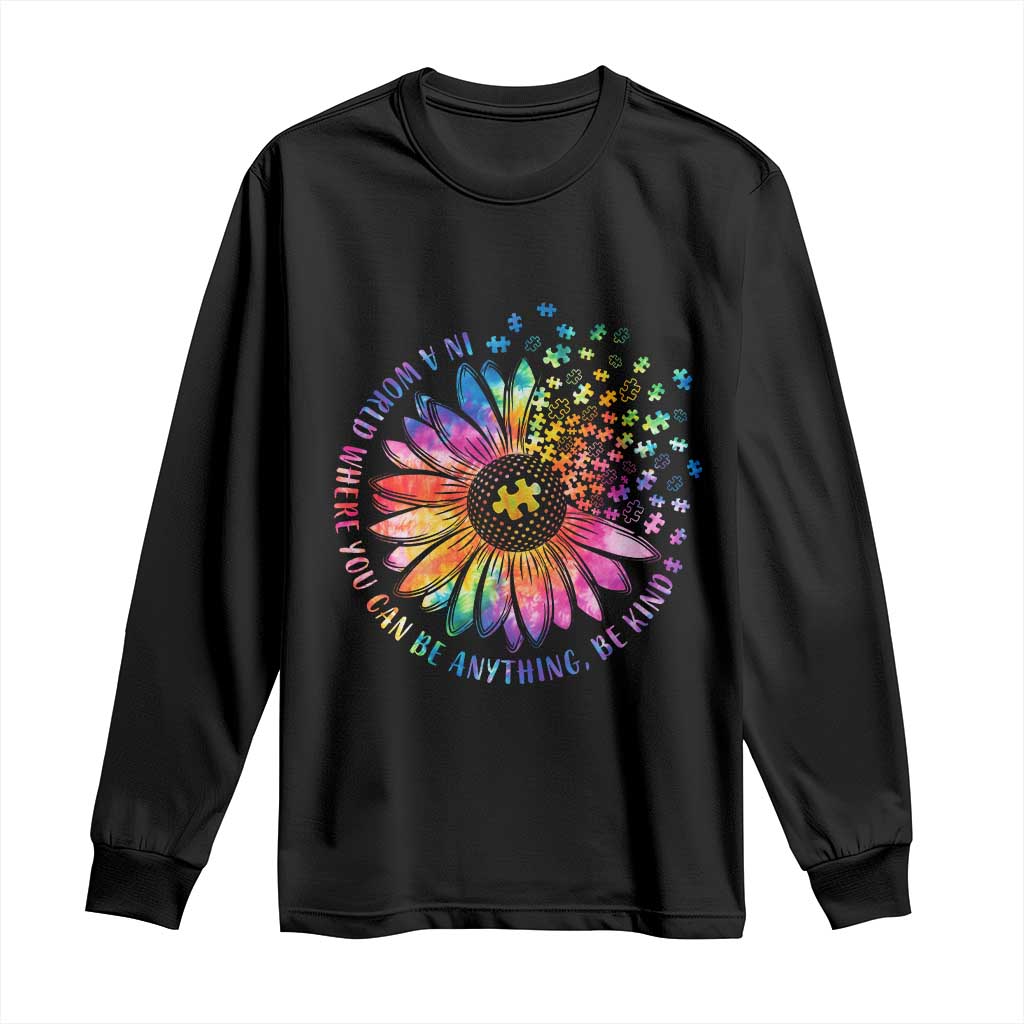 Be Kind Autism Awareness Long Sleeve Shirt Kindness Sunflower Tie Dye Puzzle