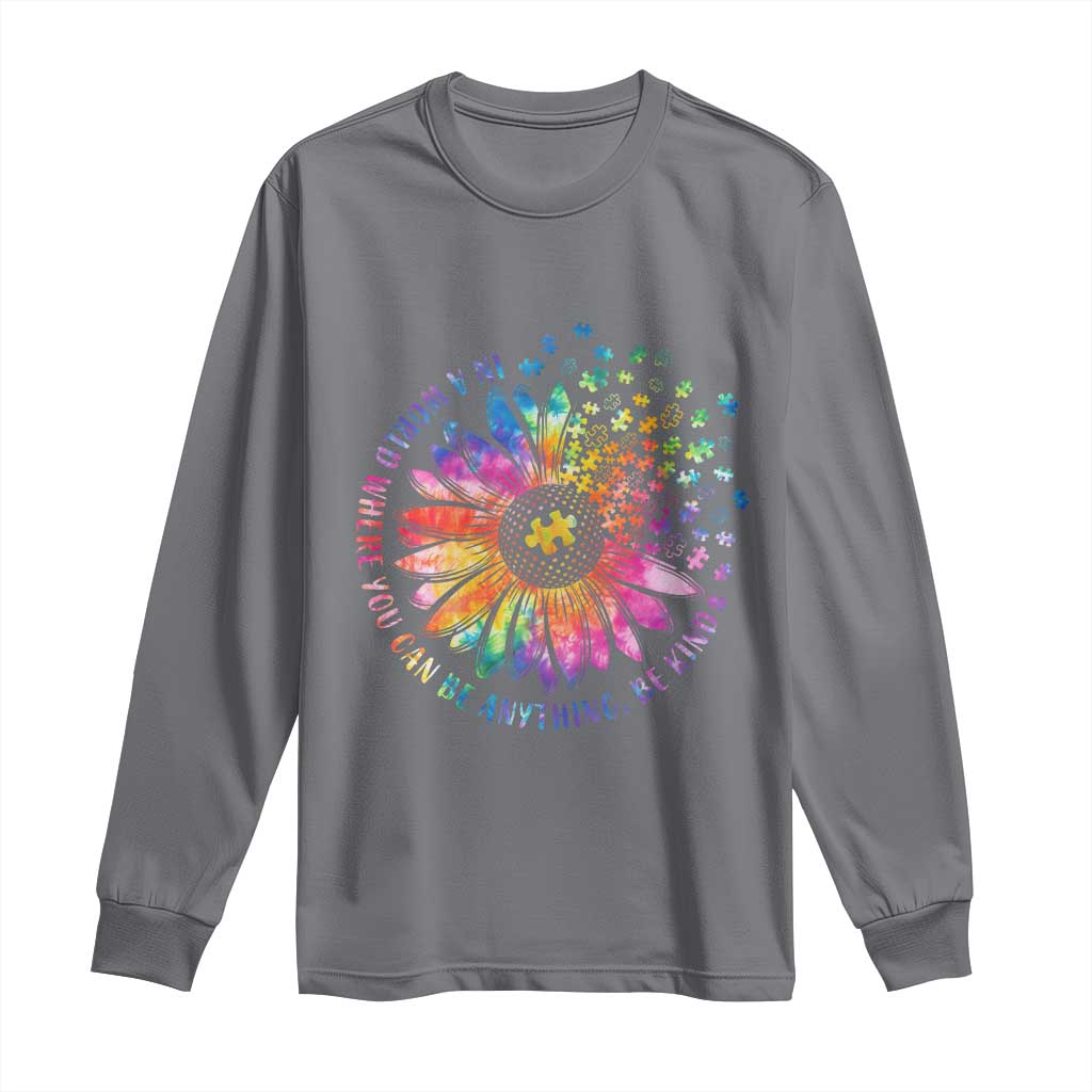 Be Kind Autism Awareness Long Sleeve Shirt Kindness Sunflower Tie Dye Puzzle
