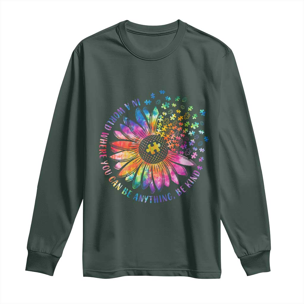 Be Kind Autism Awareness Long Sleeve Shirt Kindness Sunflower Tie Dye Puzzle
