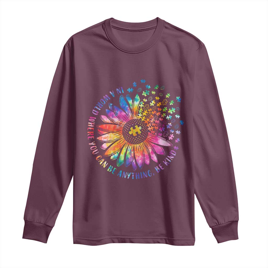 Be Kind Autism Awareness Long Sleeve Shirt Kindness Sunflower Tie Dye Puzzle